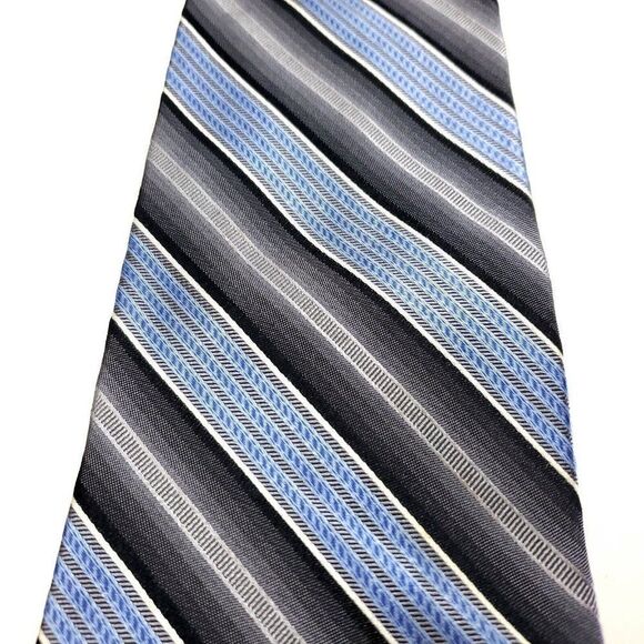 Joseph Feiss International Woven Gray Blue Striped Silk Tie Wide‎ - Picture 2 of 6